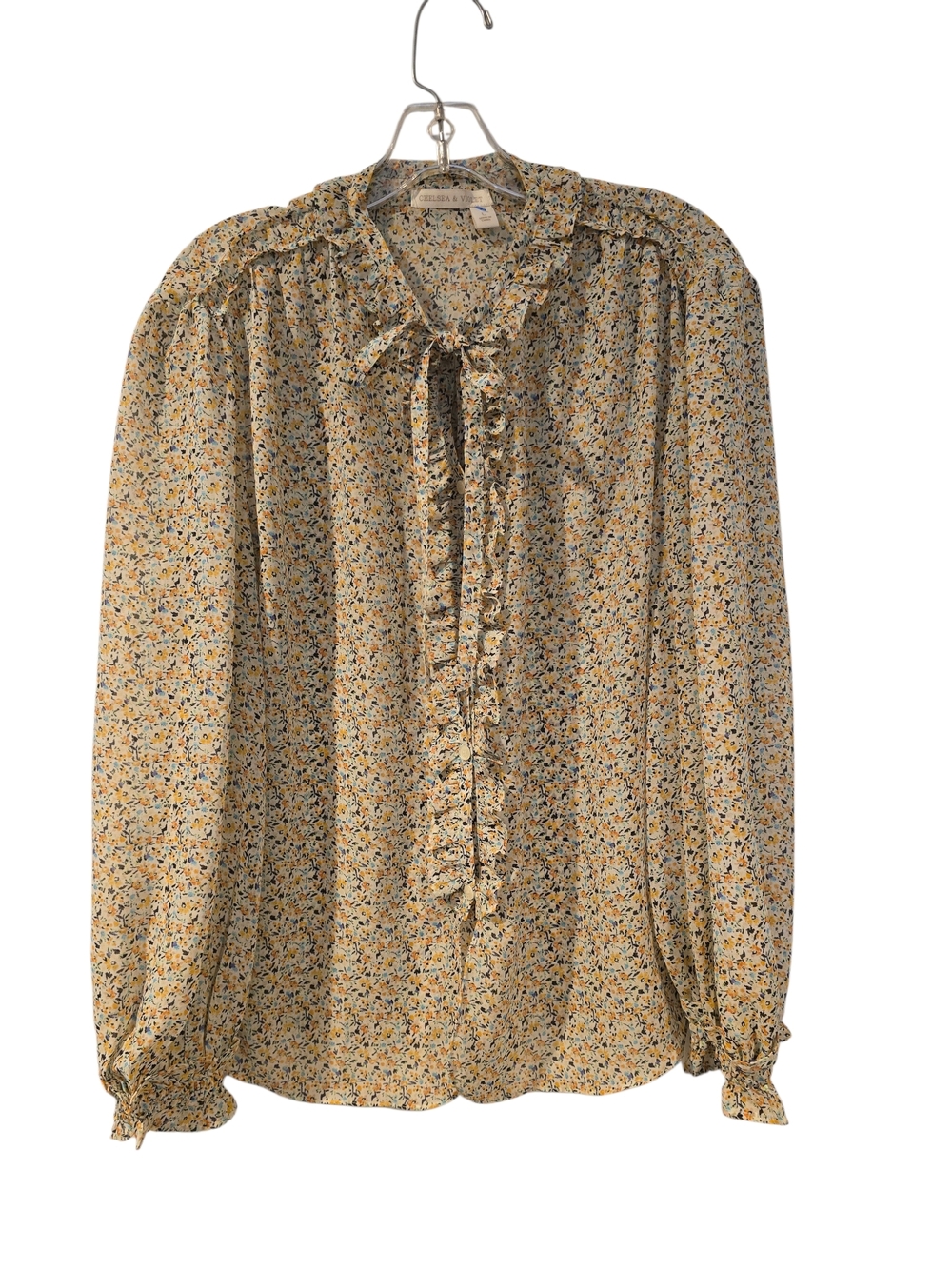 Chelsea & Violet Yellow Floral Tie-Neck Blouse Sz L - Picture 4 of 10